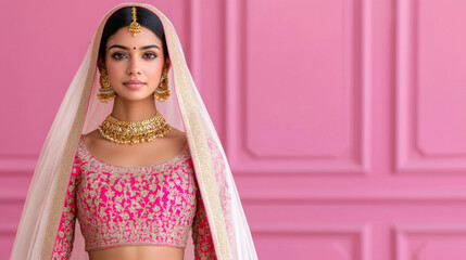 Elegant woman in traditional outfit poses against a vibrant pink backdrop during a cultural event