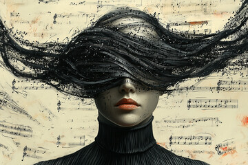 Abstract Fashion Collage: Woman with Swirling Music Notes in Minimalist Style. Non-existent person.