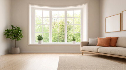 Obraz premium Bright and airy living room with large bay windows showcasing greenery, featuring a minimalist couch and potted plants in a serene setting