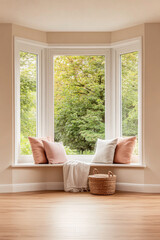 Cozy reading nook with pillows and blankets by a bay window overlooking a lush garden on a sunny day