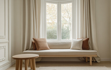 Cozy and minimalist living space with natural light streaming through a large bay window in a warm-toned interior
