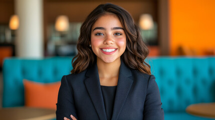 Young girl in professional attire smiles warmly at a modern indoor setting during daytime