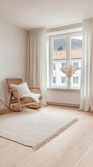 Fototapeta premium Cozy minimalist living room with a rocking chair, white curtains, and natural decor in a serene setting during daylight