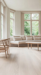 Fototapeta premium Modern living room with large windows overlooking green trees in a minimalist design, showcasing a light color palette and natural light