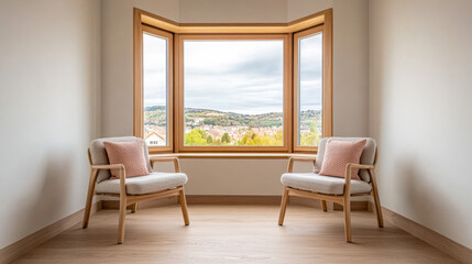 Fototapeta premium Cozy seating area with two chairs and a scenic view of rolling hills under a cloudy sky in a modern home