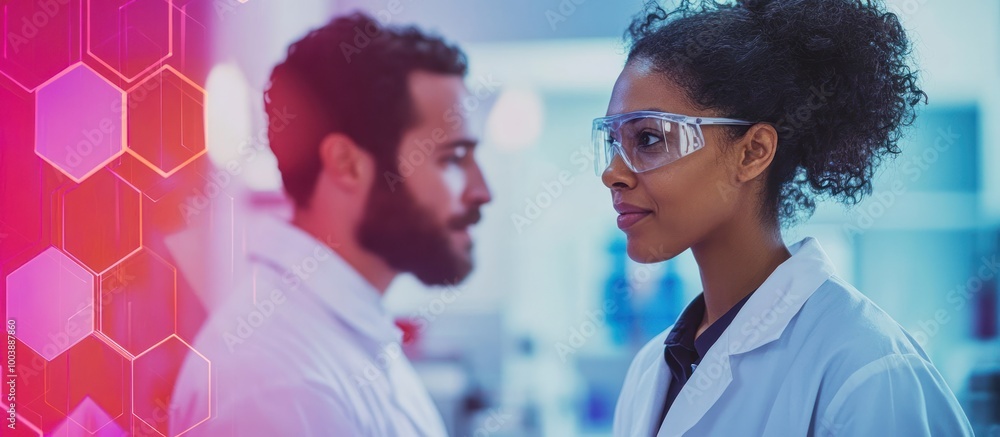 Poster two scientists in a lab, one looking at the other, with a glowing hexagonal pattern in the backgroun