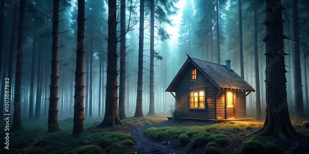 Wall mural low angle view of empty cabin with illuminated window in misty woods, creating a lonely and creepy a