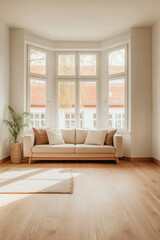 Obraz premium Cozy living room with large windows, neutral decor, and natural light in a modern home during daytime