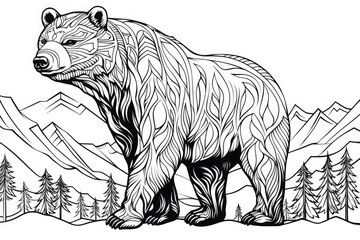 Obraz premium Black and white illustration of a brown bear standing on its hind legs in a forest at the foot of a mountain, ideal for coloring books or nature-themed designs