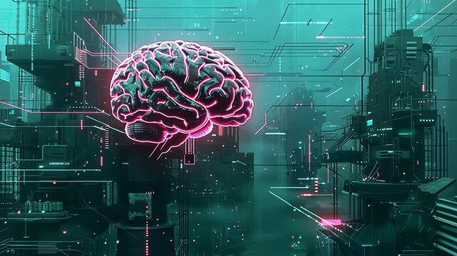 3d rendering of a human brain surrounded by digital data and futuristic buildings, symbolizing the power of ai and its potential impact on our world - Powered by Adobe