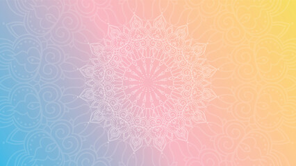 Round mandala on colorfull gradient background. Translucent mesh pattern in the form of a mandala. Mandala with floral patterns. Pastel Yoga template.