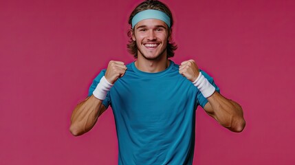 Fototapeta premium Man celebrates victory with a smile. This photo is perfect for showcasing success, determination, and the joy of achieving goals.