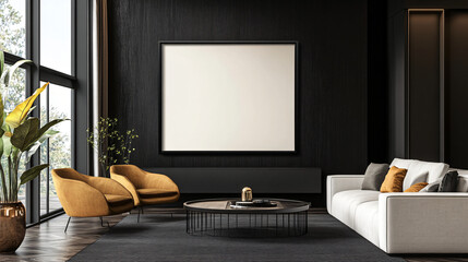 Framed artwork mock-up set against a black accent wall in a modern living room, 3D render.