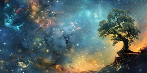 Fototapeta premium An aweinspiring celestial nightscape showcases a majestic tree amidst a riot of interstellar colors and cosmic light 