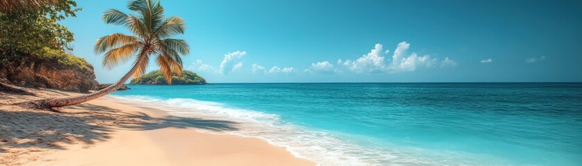 A solitary palm tree leaning over a crystalclear beach, with turquoise waters stretching into the horizon