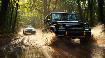 Extreme driving off-road, competition, and 4x4 vehicles concept. Off-road race in the forest. SUV or off-road cars crossing the water stream, cars racing and driving at high speed.