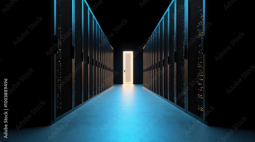 Poster a vast data center with rows of servers, showcasing the massive scale of global data storage and con