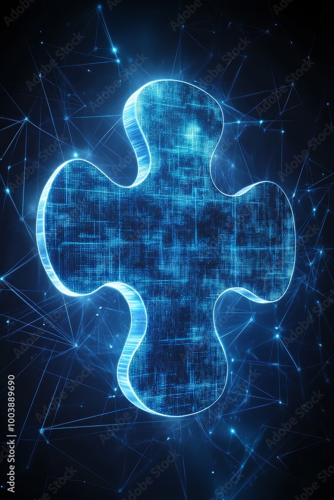 Poster digital puzzle piece on blue technology background abstract concept for problem solving, innovation