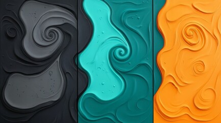 Fototapeta premium Abstract Triptych Painting of Swirling Lava and Embers in Dark Gray, Orange, and Teal