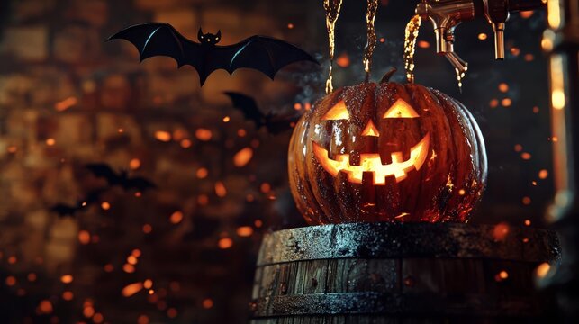 Halloween pumpkin with bats and spooky ambiance, perfect for seasonal decoration.