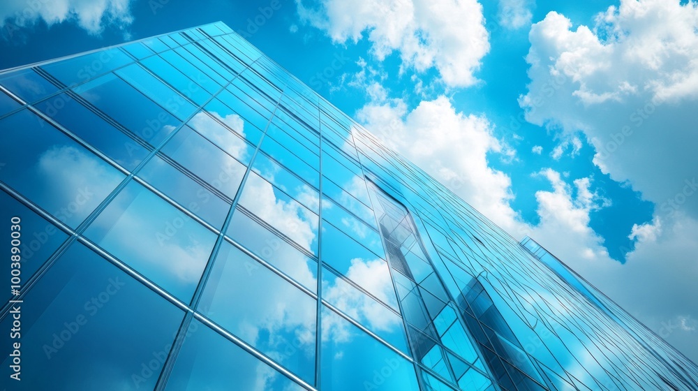 Poster a tall building with a blue sky and clouds in the background