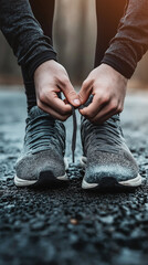 Close-Up of Hands Lacing Sneakers on Outdoor Terrain, Capturing Athletic Preparation and Active Lifestyle in Various Lighting Conditions from Morning Runs to Evening Walks
