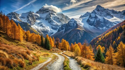 Low angle view of mountain trail in autumn landscape with snow capped peaks