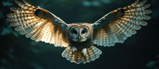 Fototapeta premium A majestic owl with its wings spread wide, in flight, looking directly at the camera with a focused expression.