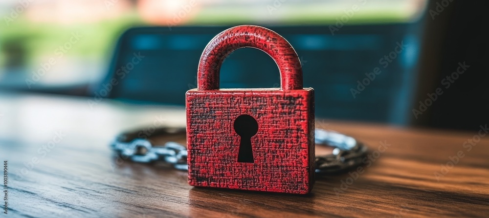 Poster red padlock and chain symbolizing data security on a wooden table, cybersecurity concept