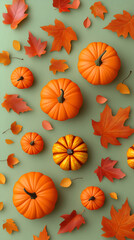 Top-Down Fall Scene with Pumpkins and Leaves on Plain Green Background