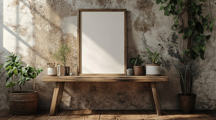 Framed artwork mock-up on a rustic wooden table, paired with vintage decor, 3D render.
