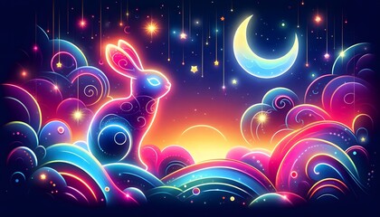 background with glowing colorful neon rabbit shapes and stars and moon in the night sky