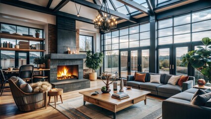 Fototapeta premium Expansive Open-Plan Living Area with Floor-to-Ceiling Windows