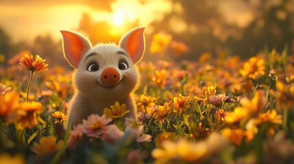 Piglet in a meadow of flowers during a serene sunset, ears perked up