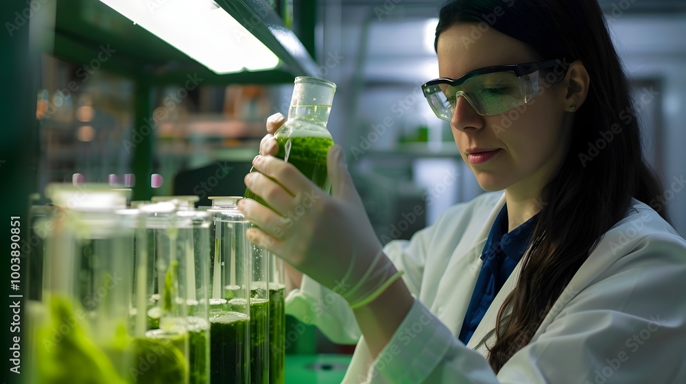 Poster scientist programming synthetic algae for clean biofuel production in modern lab