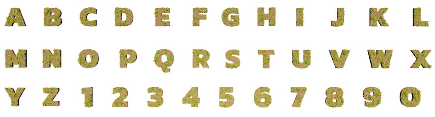 3D render of Green alphabet A-Z font letters and number isolated on transparent background. High resolution
