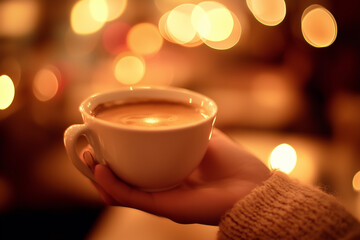 Obraz premium A close-up of a hand holding a cup of coffee in a cozy cafe, warm tones, blurry background with soft lighting