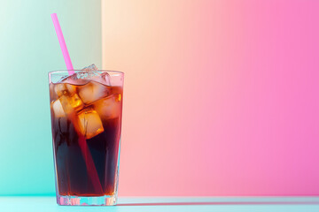 A refreshing glass of iced coffee with a straw, filled with ice cubes, set on a bright pastel background