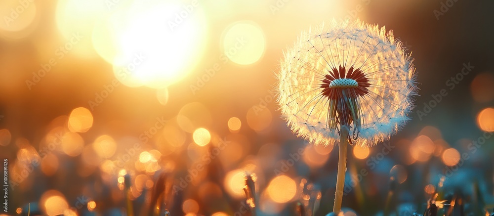 Poster Single dandelion seed head with soft, sunlit bokeh background.