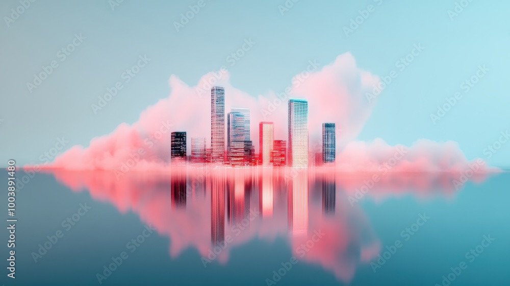 Aufkleber a panoramic view of a modern city with buildings illuminated by the glow of a global platform interf