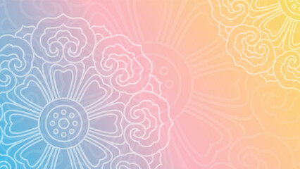 Round mandala on colorfull gradient background. Translucent mesh pattern in the form of a mandala. Mandala with floral patterns. Pastel Yoga template.