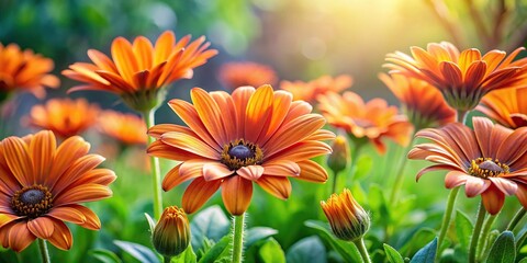 Fototapeta premium Low angle view of spring flowers background with orange daisies and green leaves from above in garden