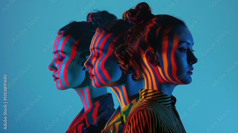 Poster a striking image of three side profiles of a woman illuminated with colorful striped light patterns 