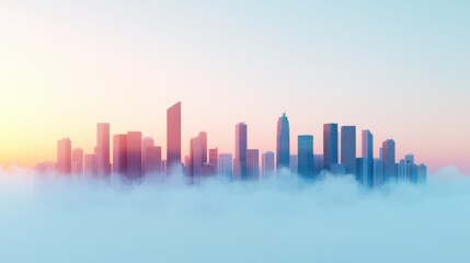 Fototapeta premium A panoramic view of a modern cityscape with towering skyscrapers connected by a complex network of communication and transportation infrastructure, representing the global interconnectedness of