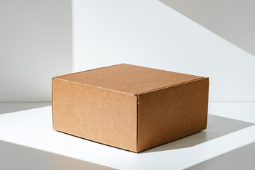 Simple brown cardboard box positioned on a white surface with soft angled shadows in natural light
