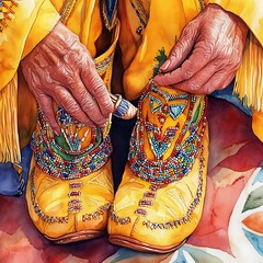 Closeup of Hands Adjusting Beaded Moccasins.