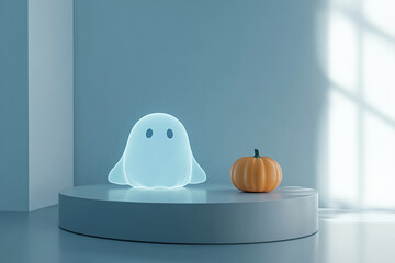 Fototapeta premium cute ghost character is floating beside pumpkin in serene, softly lit environment. gentle glow of ghost adds whimsical touch to scene, perfect for Halloween