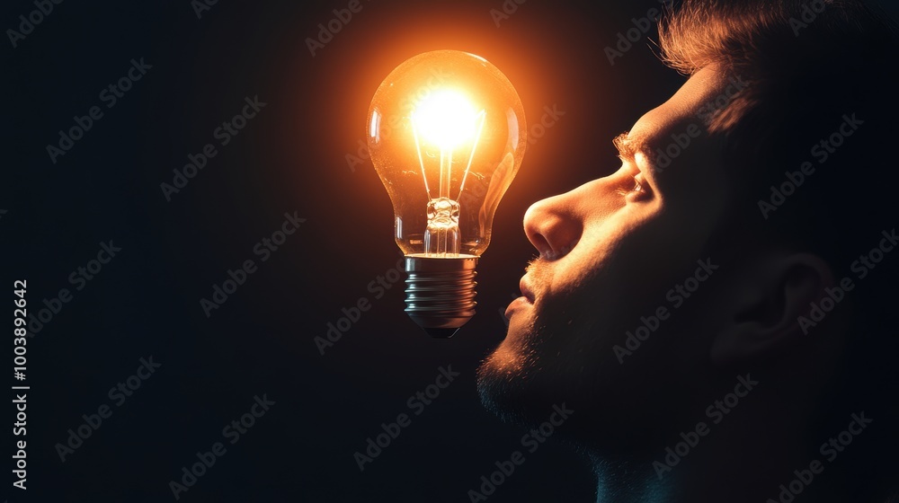 Poster a person staring intently at a lightbulb, symbolizing deep thought and problem solving.