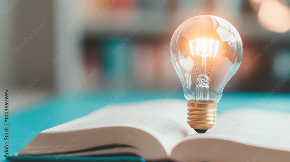 Poster a book with a lightbulb shining through the pages, representing gaining insight through reading.