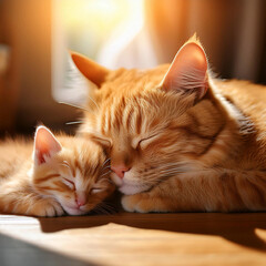 A mother cat and her kitten sleeping together